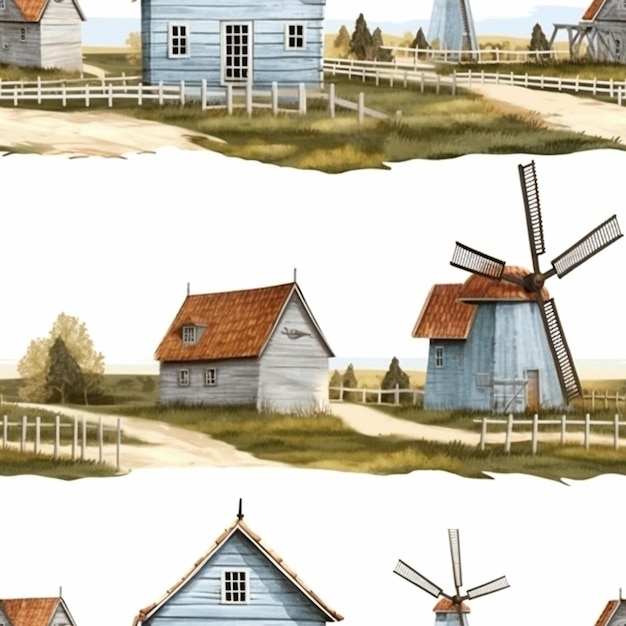 a close up of a painting of a windmill and a barn generative ai