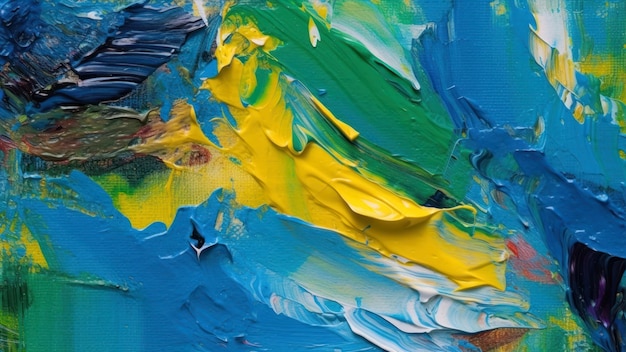 A close up of a painting with yellow and blue paint.