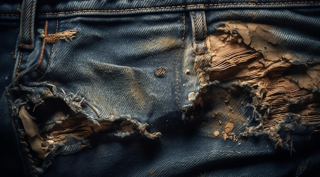 A close up of a pair of blue jeans with a hole in it that says dirt on it.