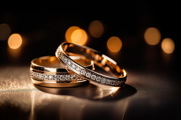 Close up of a pair of gold wedding rings with diamonds on a dark background selective focus bokeh