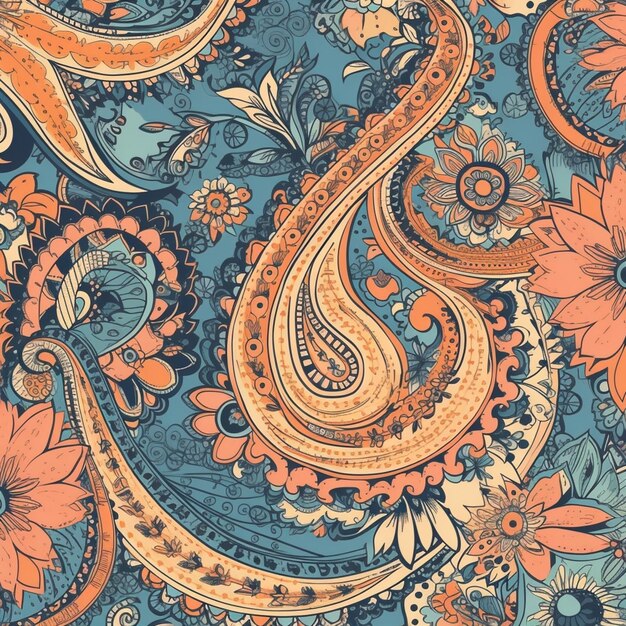 a close up of a paisley pattern with orange and blue colors generative ai