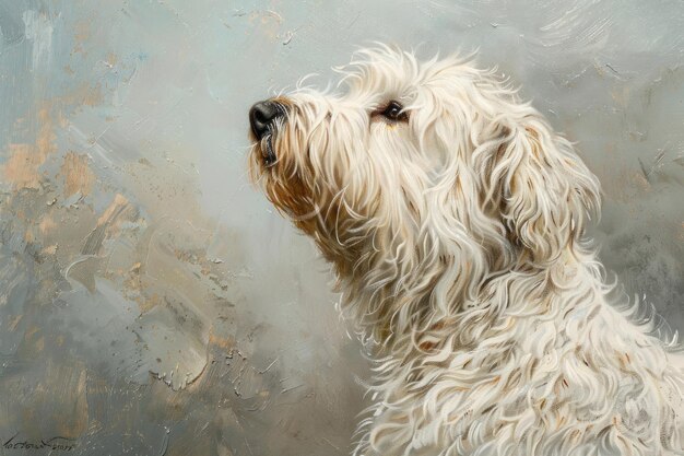 Close up on pale komondor dog painting terrier animal