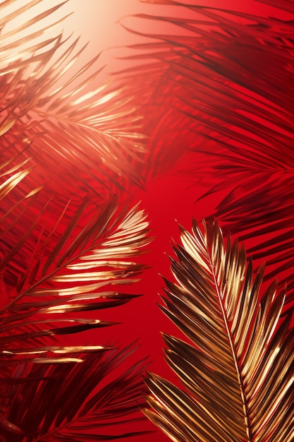 close up palm leaves levitate on a new year theme red background with gold bohem effect