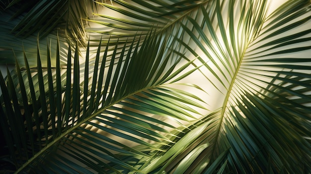 A close up of a palm tree with the sun shining through it.