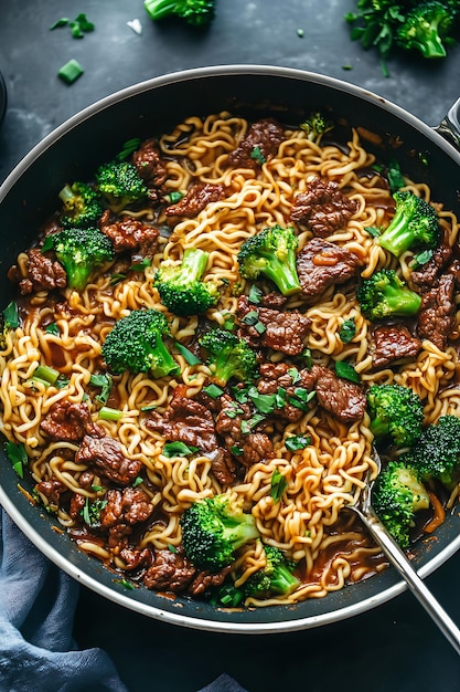 Photo a close up of a pan of noodles with beef and broccoli