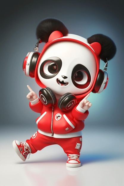 Close up of panda bear wearing red jacket and headphones generative ai