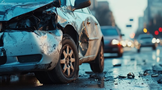 Photo close up panoramic view of damaged vehicle after collision on city road and insurance concept