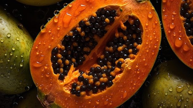 A close up of a papaya with seeds on it