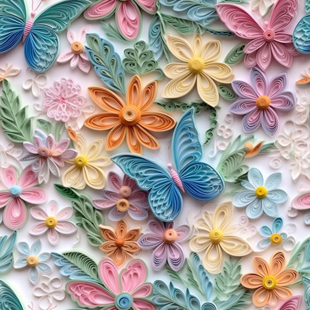 A close up of a paper cut butterfly surrounded by flowers generative ai