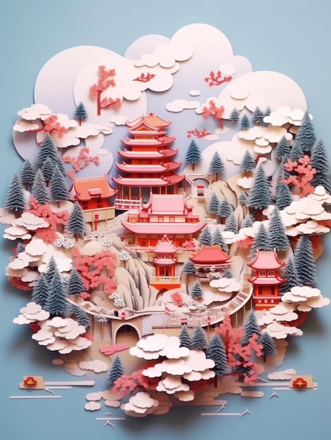 A close up of a paper cut of a pagoda surrounded by trees generative ai