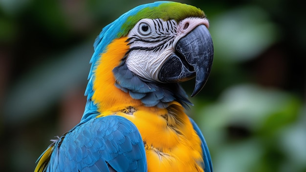 Close up of parrot face blue and yellow macaw portrait on blurred background Blueandgold Macaw bird closeup A colorful bright exotic tropical bird with beautiful feathers