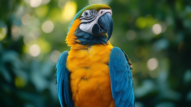 Close up of parrot face blue and yellow macaw portrait on blurred background Blueandgold Macaw bird closeup A colorful bright exotic tropical bird with beautiful feathers