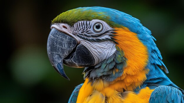 Close up of parrot face blue and yellow macaw portrait on blurred background Blueandgold Macaw bird closeup A colorful bright exotic tropical bird with beautiful feathers