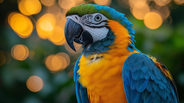 Close up of parrot face blue and yellow macaw portrait on blurred background Blueandgold Macaw bird closeup A colorful bright exotic tropical bird with beautiful feathers