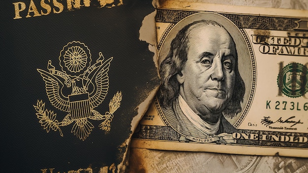 A close up of a passport and a dollar bill on a table