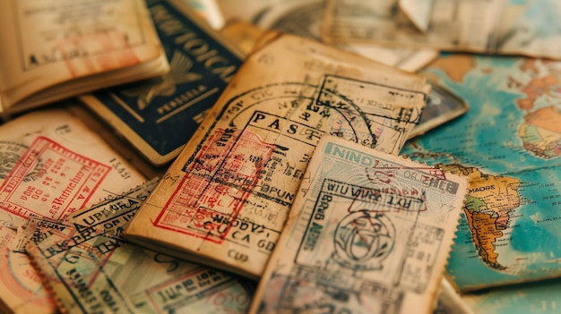 Close up of passport stamps and a map