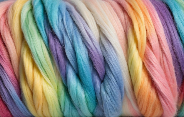 Photo close up of pastel rainbow thread or spun yarn texture background