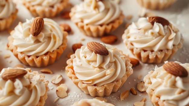 Close up pastry with buttercream and almonds on beige background