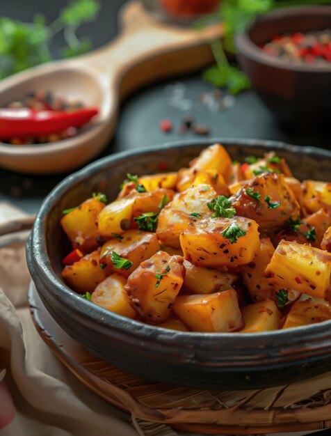 Close up of Patatas Bravas a popular Spanish appetizer served in a rustic dish