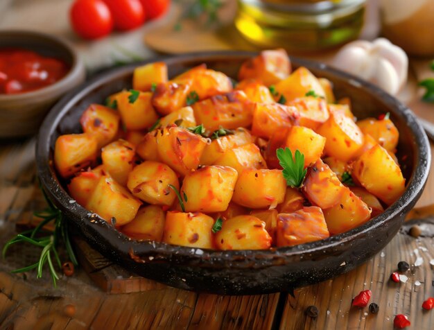 Photo close up of patatas bravas spanish fried potato tapas dish