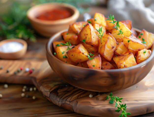 Close up of Patatas Bravas Spanish fried potato tapas dish