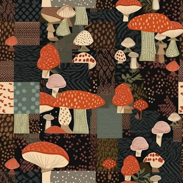 A close up of a patchwork pattern with mushrooms on it generative ai