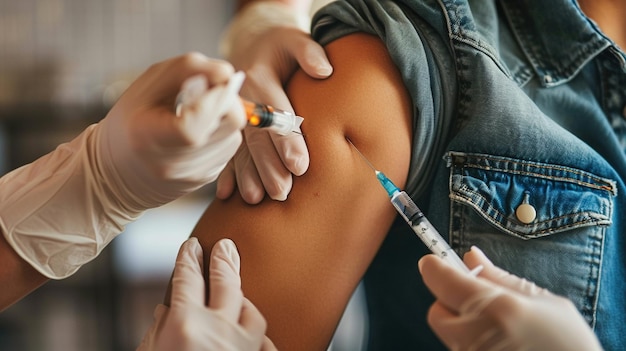 Photo close up patient receive vaccination to stimulate group immunization in their own country medical