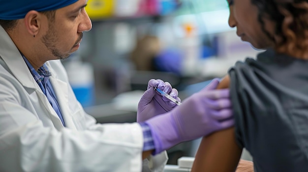 Photo close up patient receive vaccination to stimulate group immunization in their own country medical