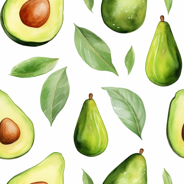 a close up of a pattern of avocados with leaves generative ai