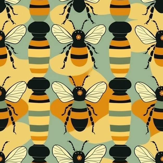 A close up of a pattern of bees on a blue background generative ai