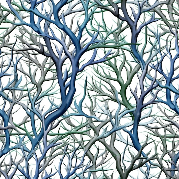 A close up of a pattern of blue and green branches generative ai