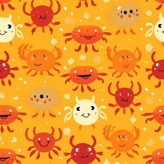 A close up of a pattern of crabs on a yellow background generative ai