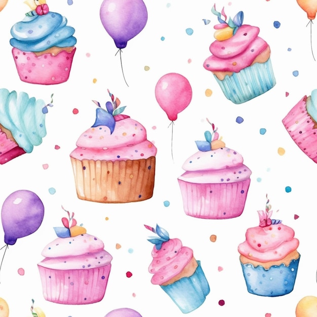 A close up of a pattern of cupcakes with balloons and confetti generative ai