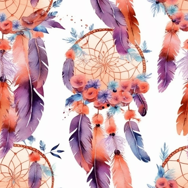 A close up of a pattern of a dream catcher with feathers generative ai