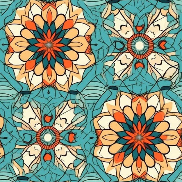 A close up of a pattern of flowers on a blue background generative ai