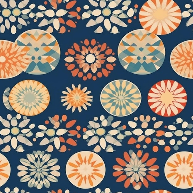 A close up of a pattern of flowers and leaves on a blue background generative ai