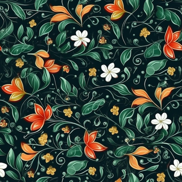 A close up of a pattern of flowers and leaves generative ai