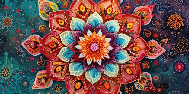 Close up of a pattern painting of mandala comprised of various flowers aig