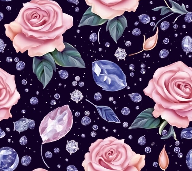 a close up of a pattern of pink roses and blue diamonds generative ai