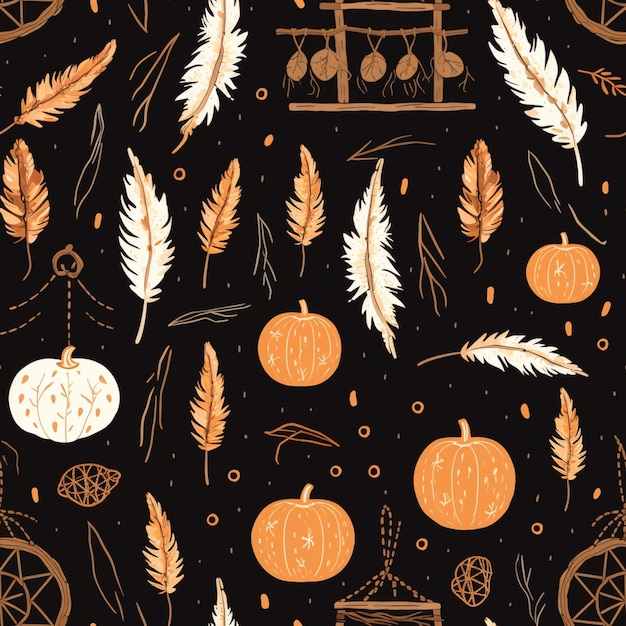 a close up of a pattern of pumpkins and feathers generative ai