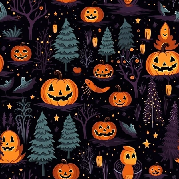 a close up of a pattern of pumpkins and other halloween items generative ai