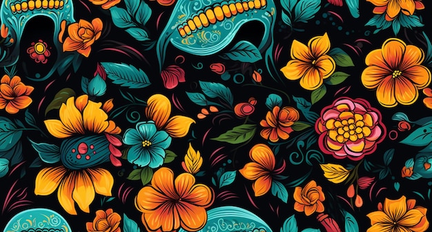 a close up of a pattern of skulls and flowers on a black background generative ai