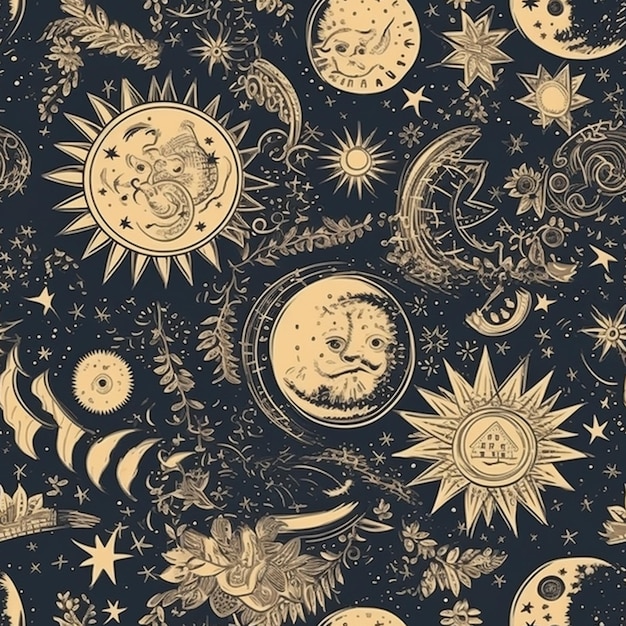 a close up of a pattern of sun and moon with stars generative ai