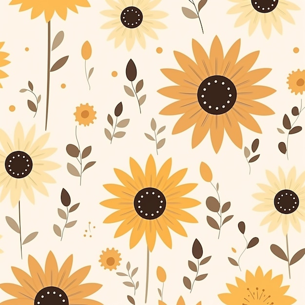 a close up of a pattern of sunflowers and leaves generative ai