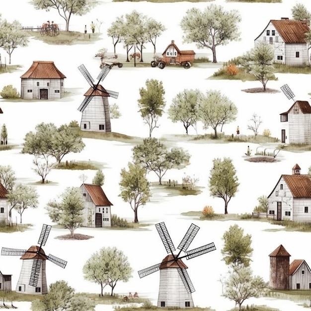 a close up of a pattern of a windmill and houses generative ai