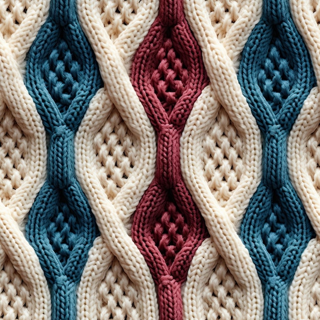 a close up of a pattern with a red and blue crochet