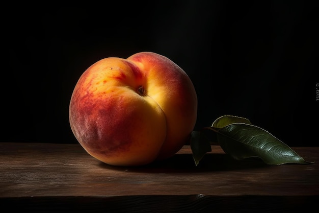 Close Up Peach on Wooden Table Vibrant colors and fuzz texture Fresh ready enjoyed delicious fruit