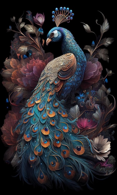 Close up peacock bird with beautiful tail for background Created with Generative AI technology