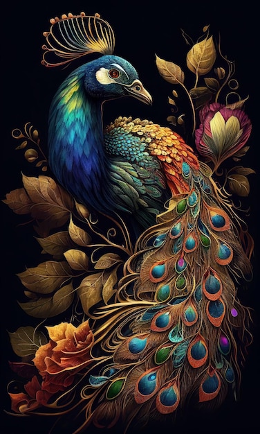 Close up peacock bird with beautiful tail for background Created with Generative AI technology