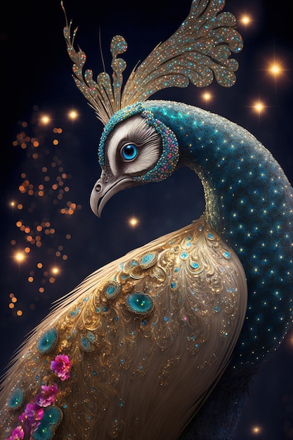 Close up of a peacock on a dark background generative ai